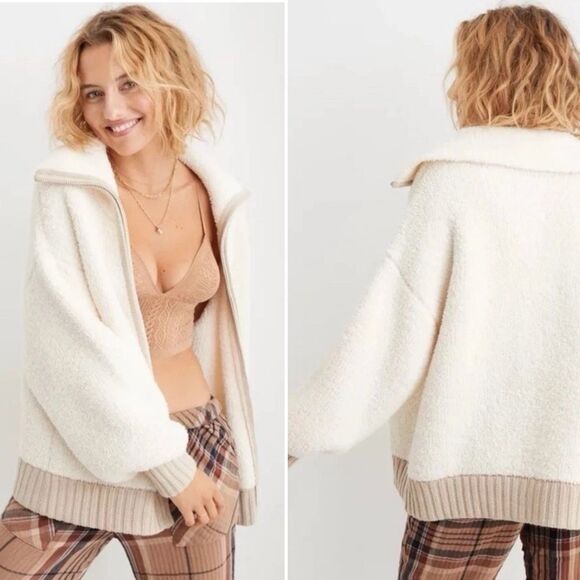 Aerie Oversized Cozy Cardigan Sweater Jacket Women’s Size L Cream Tan - Picture 1 of 12